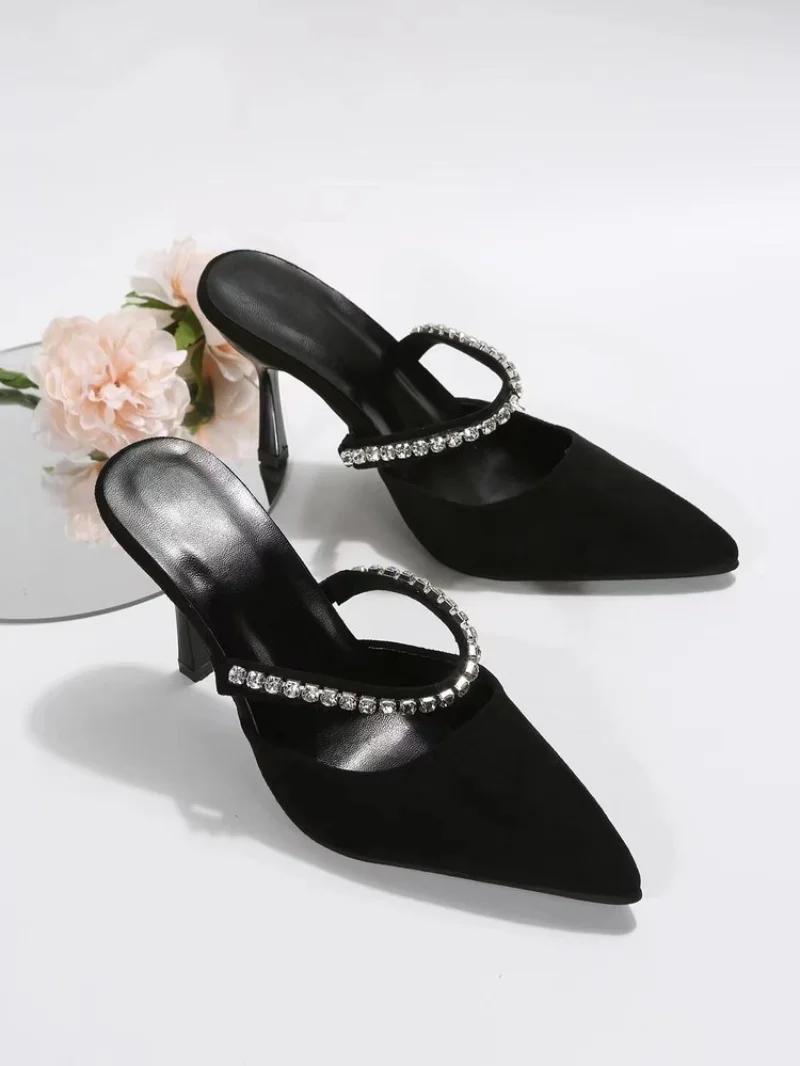 Top Trends: Black High-heeled Shoes Women's 2022 Spring New Women's Shoes Stiletto Pointed Toe Pumps Satin Rhinestone Glitter Mules Pumps Shoppable Styles - Image 2