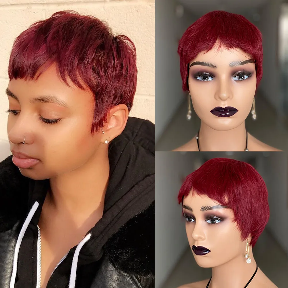 Top Trends: Pixie Cut Perruque Cheveux Humain Full Machine Made Human Hair Bug Red Colored Glueless Wig Short Bob Cheap Human Hair Wigs Shoppable Styles