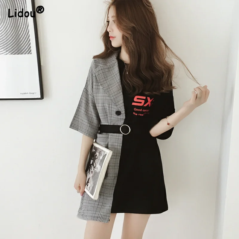 Top Trends: Asymmetrical O-neck Button Short Sleeve Dress Give Belt Empire Summer A-LINE Casual Korean Women's Clothing Letter Print Fashion Shoppable Styles