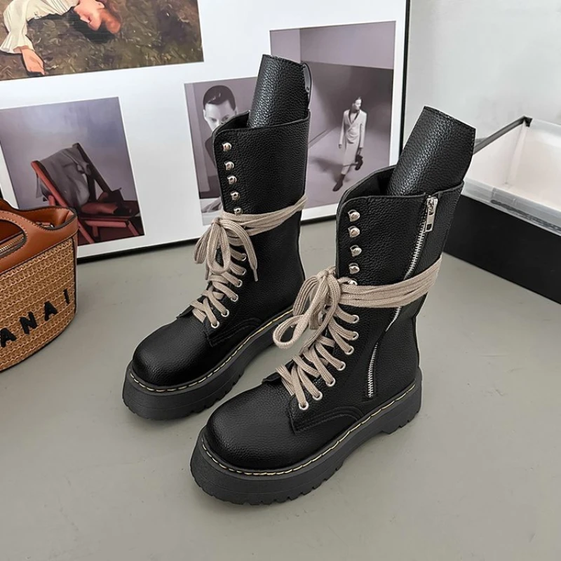 Top Trends: Women Motorcycle Chunky Platform Boots Luxury Round Toe Mid-Calf Lace Up Bandage Winter Boots Casual Zip Black Ankle Boots Shoppable Styles