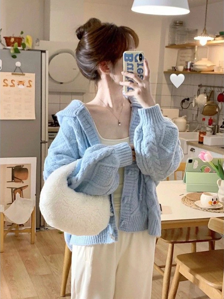 Top Trends: Deeptown Harajuku Blue Knitted Cardigan Women Vintage Hooded Cropped Sweater Sweet Loose Casual Knitwear Y2K Tops Korean Fashion Shoppable Styles - Image 2