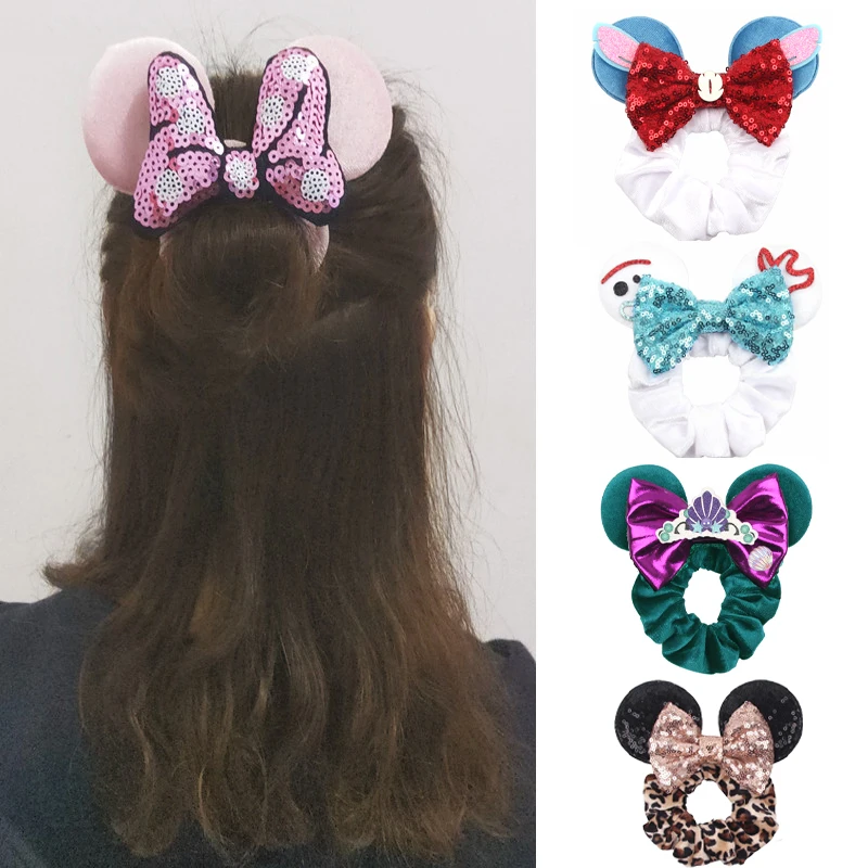 Top Trends: 2023 Disney Minnie Mouse Ears Velvet Hair Scrunchies For Girls Women Sequins 4&quot;Bow Elastic Hairband DIY Hair Accessories Shoppable Styles