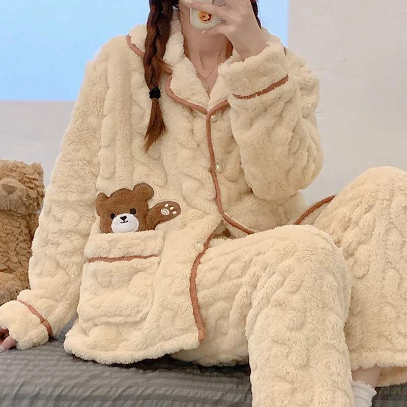 Top Trends: Women Pajamas Thickened Warm Coral Plush Girls Loungewear Sets Cartoon Autumn Winter Famale Sleep Clothes Flannel Homewear Suit Shoppable Styles