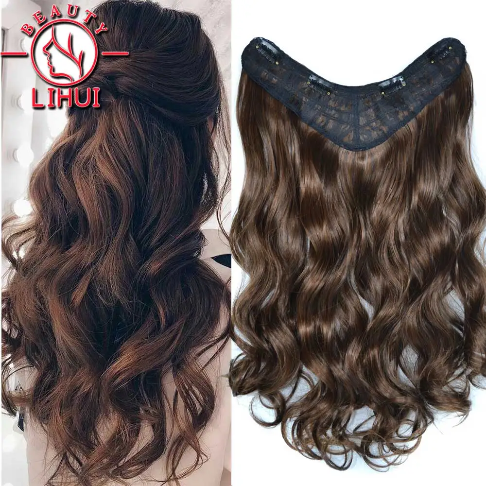 Top Trends: Synthetic V-shaped Long Curly Wavy Hair Extension Clip In Hair Piece Heat Resistant Fiber Ombre Black Brown Gray For Women LiHui Shoppable Styles