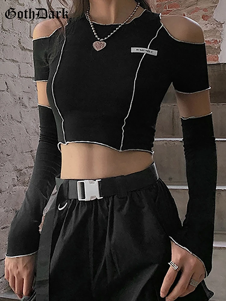 Top Trends: Goth Dark E-girl Style Patchwork Black T-shirts Gothic Open Shoulder Sleeve Y2k Crop Tops Ruffles Hem Hip Hop Techwear Women Tee Shoppable Styles