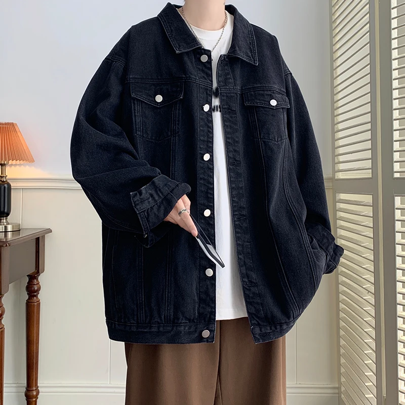 Top Trends: Plus Size 5XL-M Black Denim Jacket Mens Turn Down Collar Jeans Coats Multi-pockets Overalls Streetwear Loose Casual Men Clothing Shoppable Styles