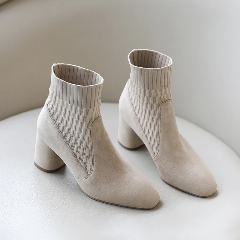 Top Trends: Pointed Ankle Boots Winter Women New Casual Chelsea Boots Women Medium Heel Knitted Sock Boots Women Faux Suede Female Heels Shoppable Styles