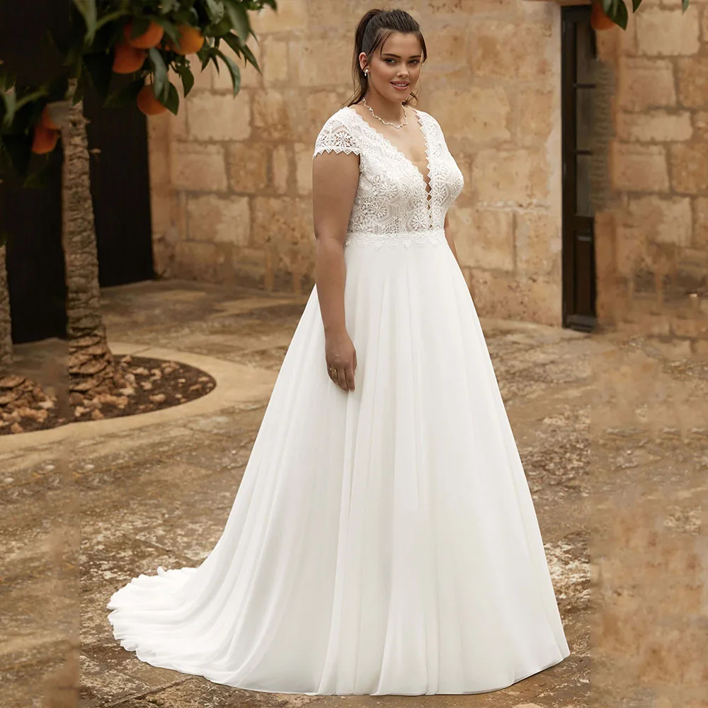 Top Trends: Simple Lace Wedding Dresses Plus Size V Neck Short Sleeves Backless Bride Gowns Sweep Train A-Line Chiffon Vestido De Noiva Shoppable Styles