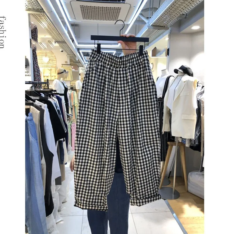 Top Trends: Summer New Plaid All-match Cropped Pants Elastic Waist Pockets Loose Wide Leg Casual Pant Fashion Vintage Women Clothing Shoppable Styles