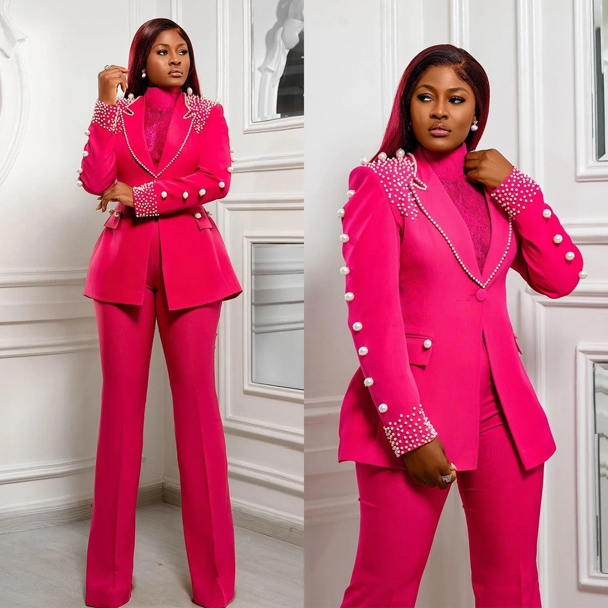 Top Trends: Rose Red Women Wedding Tuxedos Big Pearls Mother Of The Bride Pants Suits Custom Made For Ladies Party Prom Wear 2 Pieces Shoppable Styles