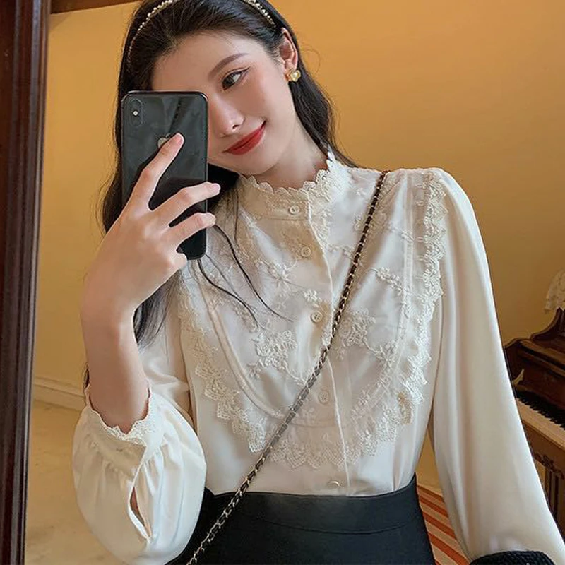 Top Trends: Korean Women Vintage Blouse Elegant Fashion White Shirt Patchwork Stand Collar Single-breasted Long Sleeve Lace Tops Shoppable Styles