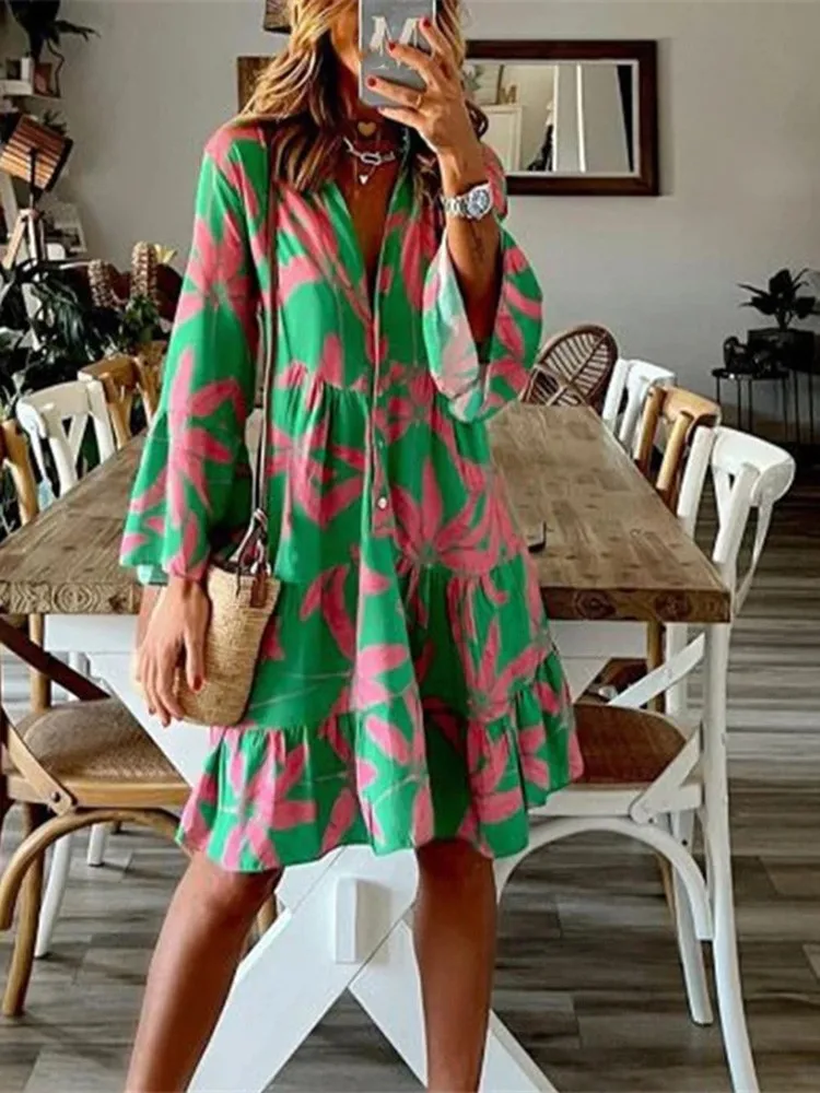 Top Trends: Spring Boho Print Dress Fashion Women V-neck Flare Sleeve Casual Loose Dress Summer Elegant Ladies Vacation Shirt Dresses 2024 Shoppable Styles