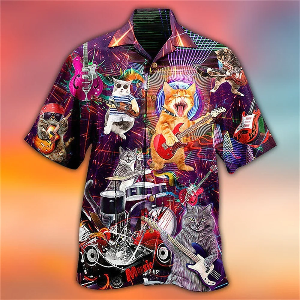 Top Trends: Hawaiian Shirt For Men 3d Music Cat Print Beach Party Sweatshirt Street Designer Short Sleeved Shirt High Quality Men's Clothing Shoppable Styles