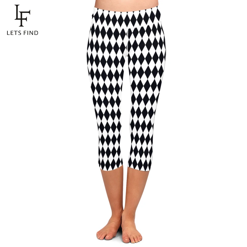 Top Trends: LETSFIND Fashion Black And White Rhomboid Print Women Casual Capri Leggings High Waist Elastic Slim Mid-Calf Leggings Shoppable Styles