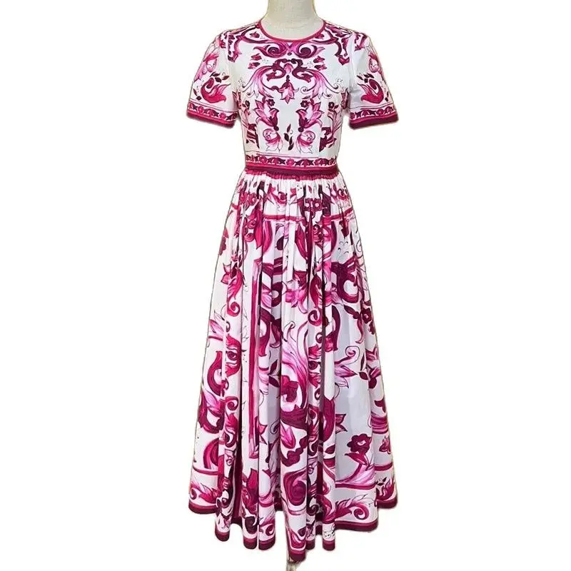 Top Trends: Fashion Designer Runway Red Blue And White Porcelain Print Dress Summer Women Short Sleeve High Waist Long Vacation Dress Shoppable Styles