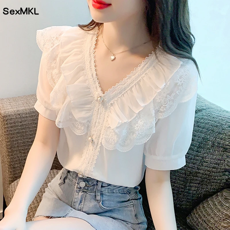 Top Trends: Summer Chiffon Lace Blouses Women 2023 Elegant Fashion White Blusas Femininas Casual Slim Vintage Puff Sleeve Ladies Tops Mujer Shoppable Styles