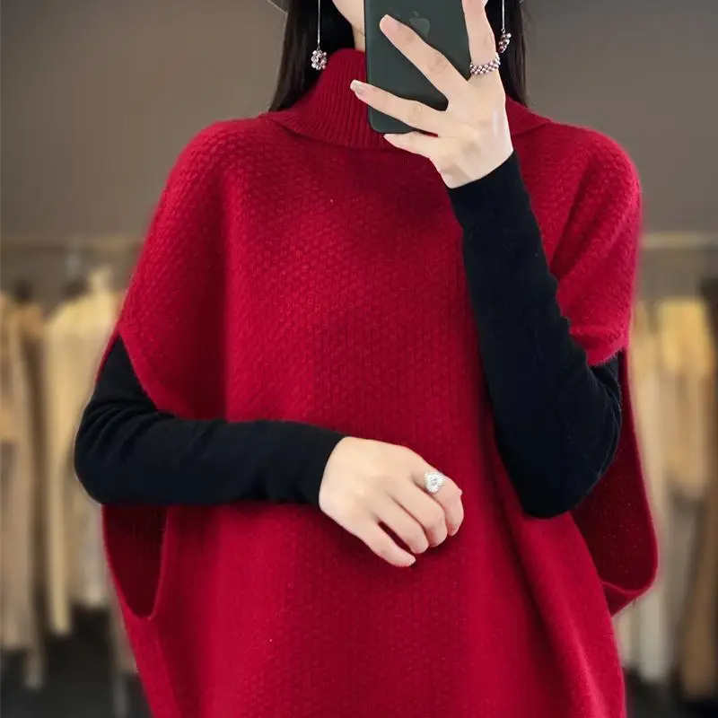 Top Trends: Female Clothing Korean Sweater Vest Casual Loose Batwing Sleeve Autumn Winter Turtleneck Basic Solid Color Chic Knitted Jumpers Shoppable Styles - Image 3