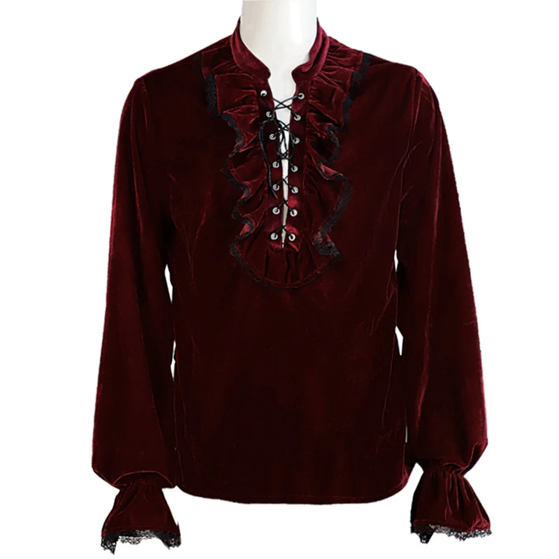 Top Trends: Parklees Medieval Gothic Mens Velvet Shirt Autumn Long Sleeve Lace Up Retro Velour Shirt Cosplay Party Stage Prince Costume Male Shoppable Styles