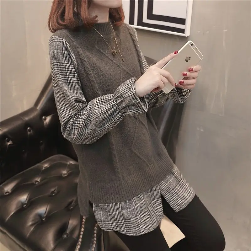 Top Trends: Fashion O-Neck Spliced Fake Two Pieces Plaid Blouse Women&#039;s Clothing 2022 Autumn New Loose Casual Tops All-match Korean Shirt Shoppable Styles