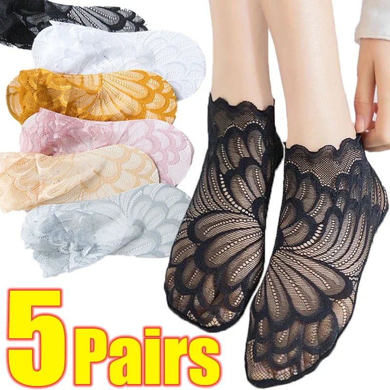 Top Trends: 10Pcs=5Pairs Invisible Lace Flower Socks Women Non-slip Liner Mesh Sock Female Summer Elastic Ultra-thin Breathable Ankle Sox Shoppable Styles