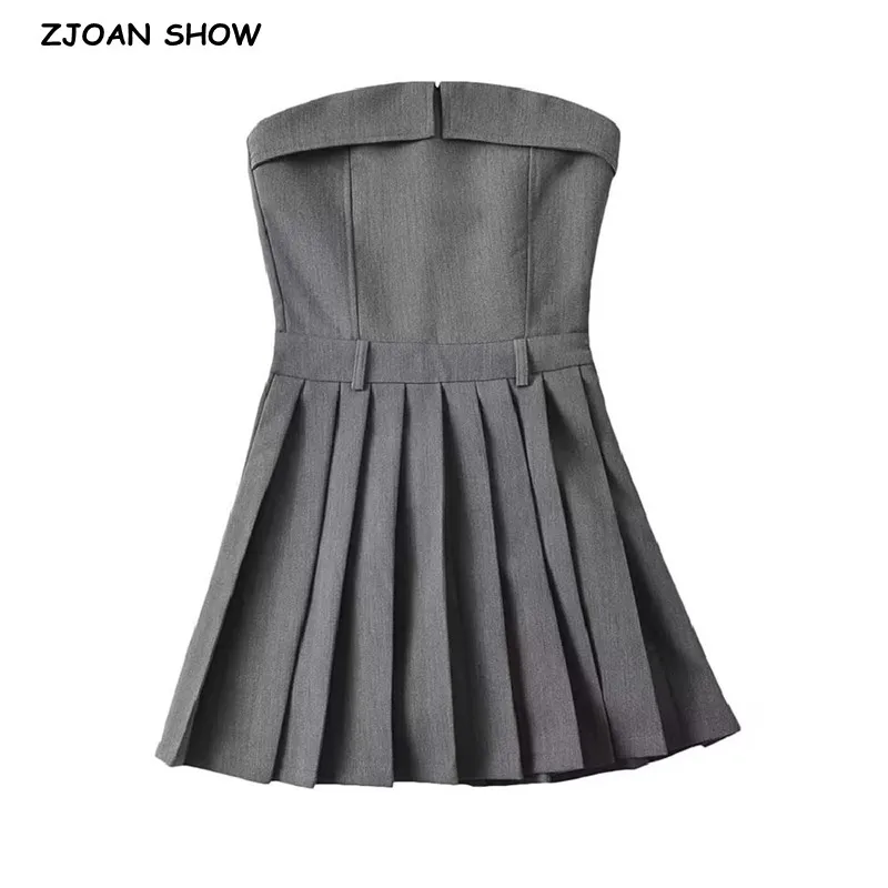 Top Trends: 2023 Sexy Gray Ruched Chest Strapless Croset Style Mini Dress Safari Women Slim Waist A Line Pleated Hem Tube Top Party Robe Shoppable Styles