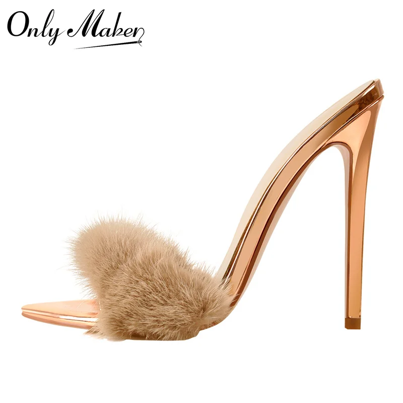 Top Trends: Onlymaker Women Peep Toe Mules Artificial Fur Slip On Gold White Thin High Sandals Big Size High Quality Summer Brand Heels Shoppable Styles