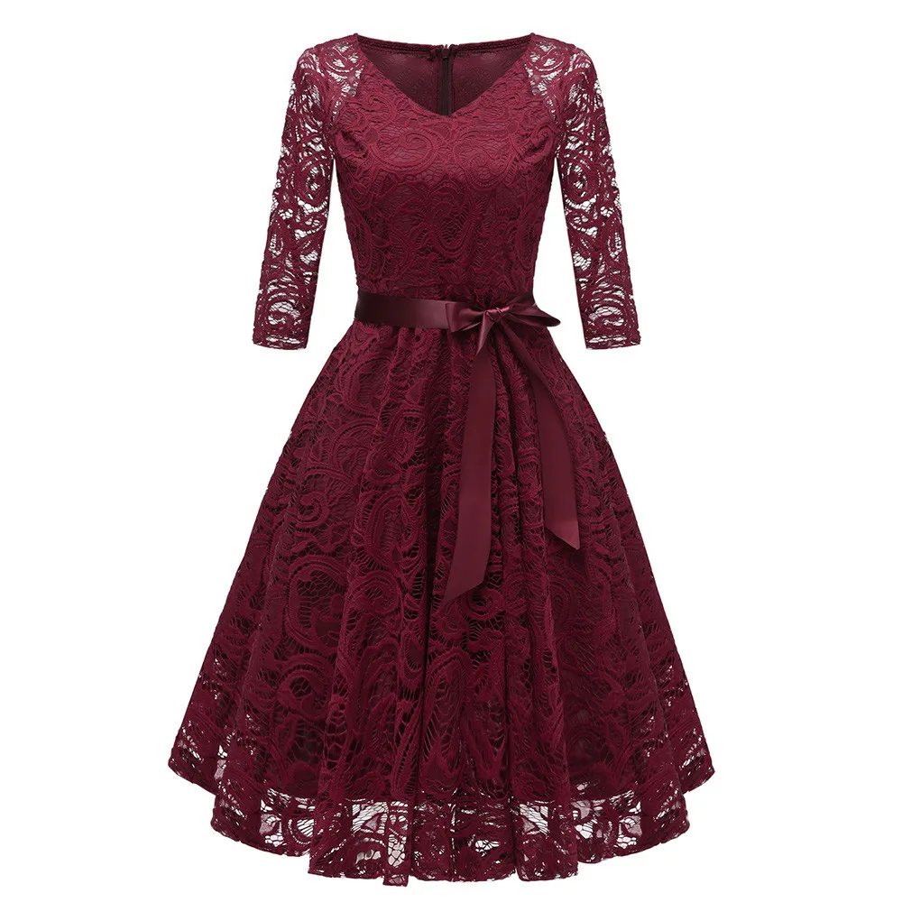 Top Trends: 2024 New Elegant Lace Evening Party Dress Women V-neck 3 / 4 Sleeve Dress Ladies Vintage Big Swing Midi Dress Halloween Long Dress Shoppable Styles