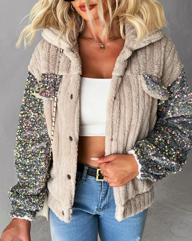 Top Trends: Casual Jacket For Women 2023 Autumn Long Sleeve Turn-Down Collar Sequin Patch Teddy Jacket Coats Fashion Versatile Cardigan Shoppable Styles