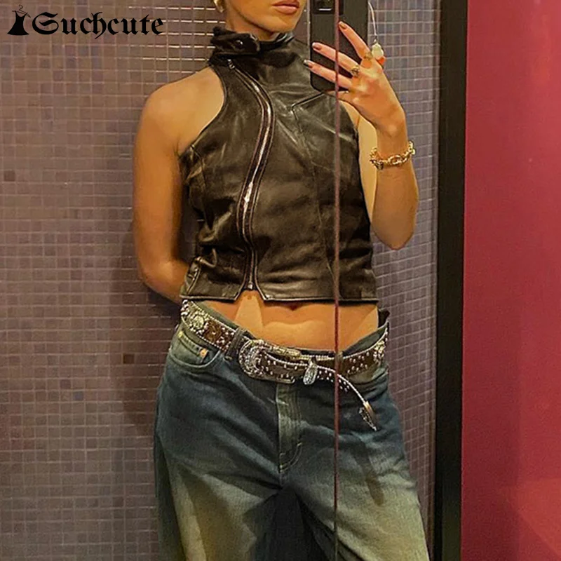 Top Trends: SUCHCUTE Leather Gothic Punk Brown Tank Top Women Sleeveless Zip Up Turtleneck Emo Grunge Vintage Summer Crop Top Slim Vest 2023 Shoppable Styles - Image 2