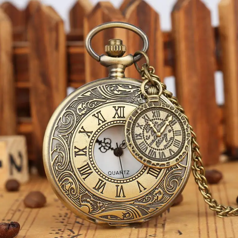 Top Trends: Retro Bronze Roman Numerals Quartz Pocket Watch Men Women Black Hollow Case Steampunk Vintage Pendant Necklace Clock Gifts Shoppable Styles