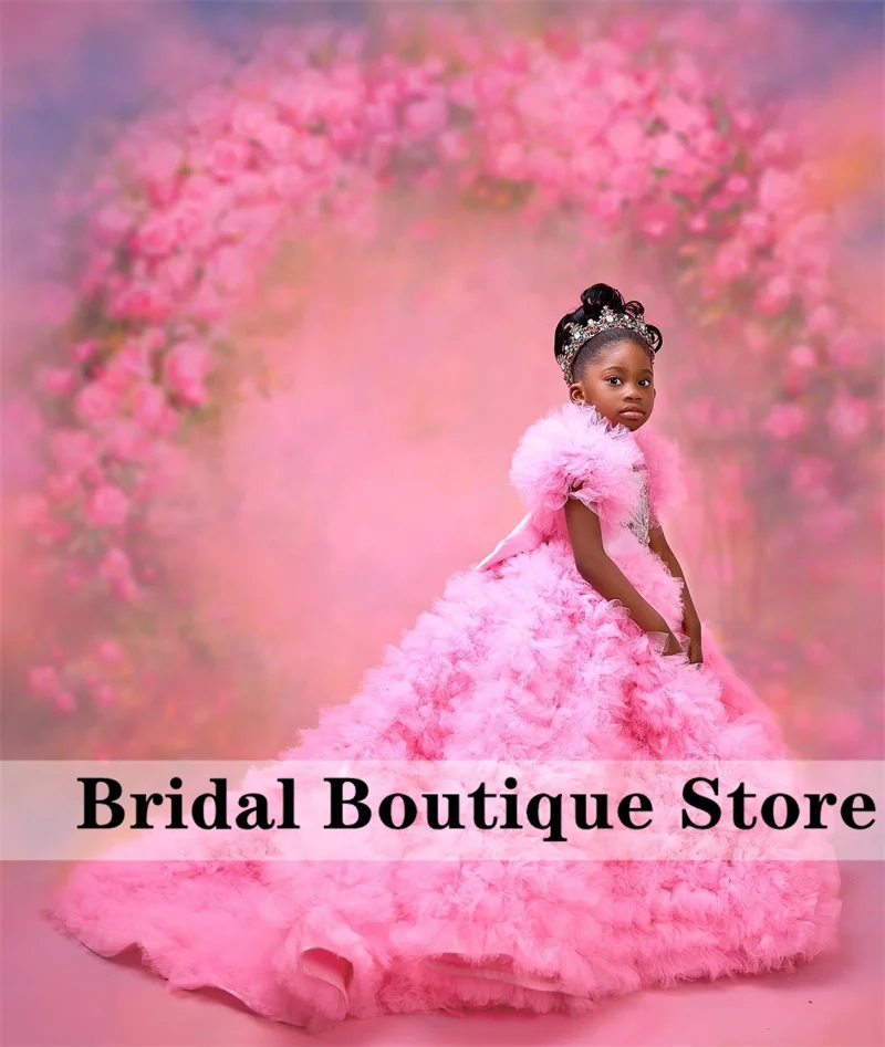 Top Trends: Pink Flower Girls Dress Puffy Ruffle Crystal Rhinestones Ball Gowns African Child Dress For Wedding First Communion PhotoShoot Shoppable Styles