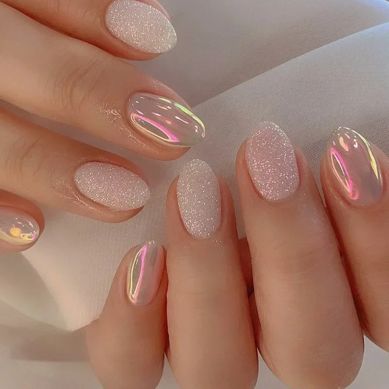 Top Trends: 24Pcs Simple False Nails With Glue Short Almond Fake Nails Glitter Aurora Round Head Full Cover Nail Tips Oval Press On Nails Shoppable Styles