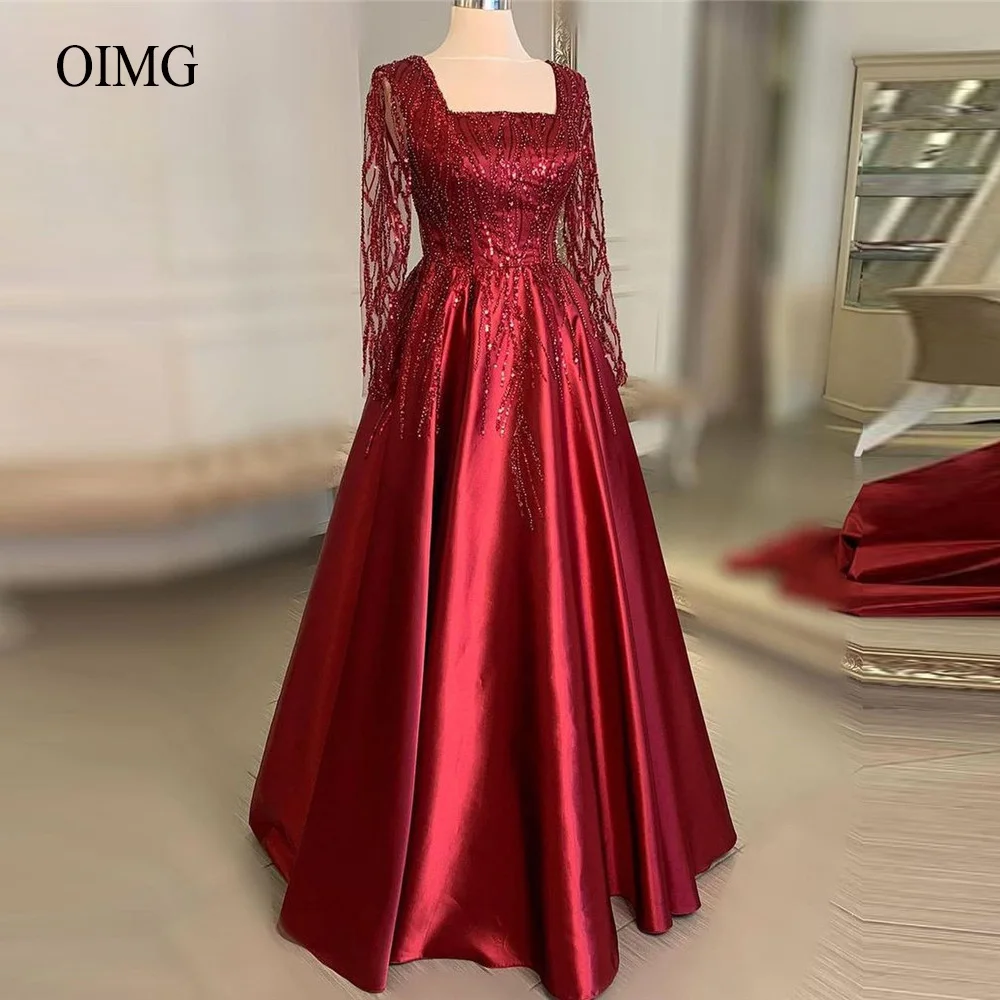 Top Trends: OIMG Red Lace Shiny Sequin Evening Dresses Modest Long Sleeves Square Neck Satin Women Bridal Formal Prom Gowns Celebrity Dress Shoppable Styles