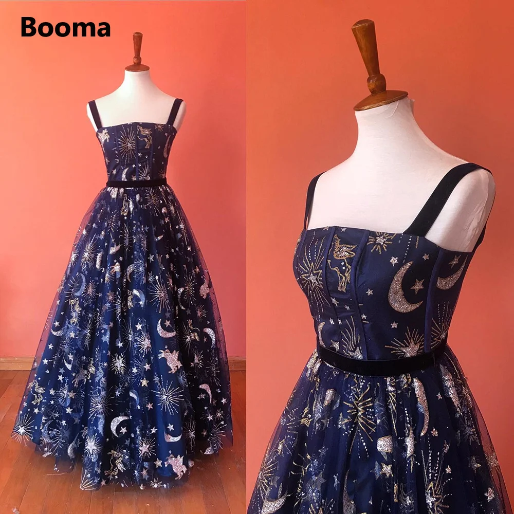 Top Trends: Booma Glitter Navy Blue Constellation Tulle Maxi Prom Dresses Spaghetti Straps A-Line Formal Party Dresses Long Evening Gowns Shoppable Styles