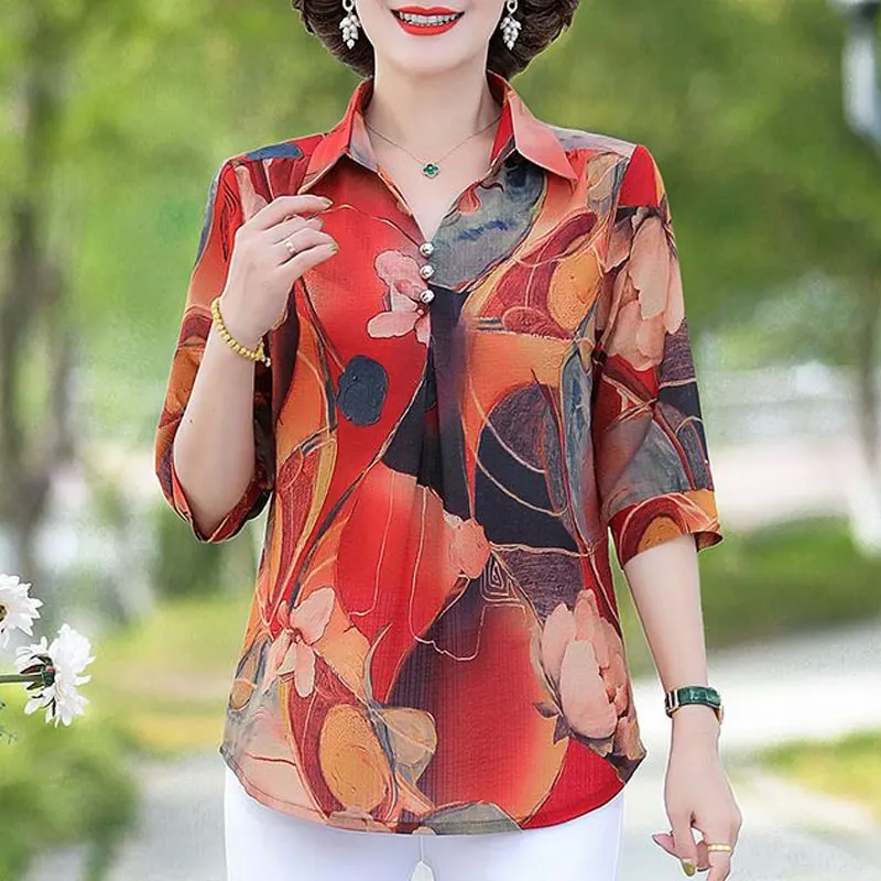 Top Trends: Summer Vintage Floral Printed Shirt Women's Clothing Casual Turn-down Collar Button Commute Half Sleeve Stylish Loose Blouse New Shoppable Styles - Image 5