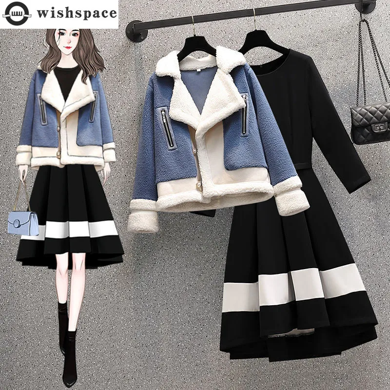 Top Trends: Korean Popular Winter New High-end Cashmere Jacket Coat Splicing Long Sleeve Dress Two-piece Elegant Women's Dresses Suit Shoppable Styles