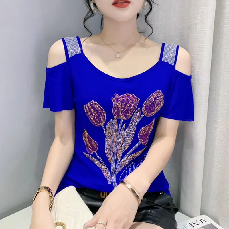 Top Trends: New Women&#039;s Fashion Summer Short Sleeved Off The Shoulder Women Mesh Tops Elegant Slim Hot Diamond Female T-Shirt Shoppable Styles