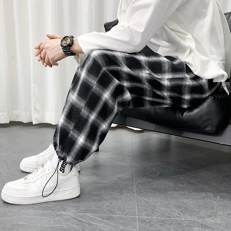 Top Trends: Men's Plaid Pants Summer Cotton Casual Pants Losse Hip Hop Baggy Sweatpants Fashion Streetwear Korean Style Harem Pants Shoppable Styles - Image 5