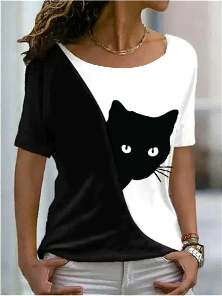 Top Trends: 2022 Summer Women&#039;s Cat Theme Printed Painting Tee Shirts O-Neck Casual Female Tops Daily Pullover New T Shirt Design Streetwear Shoppable Styles