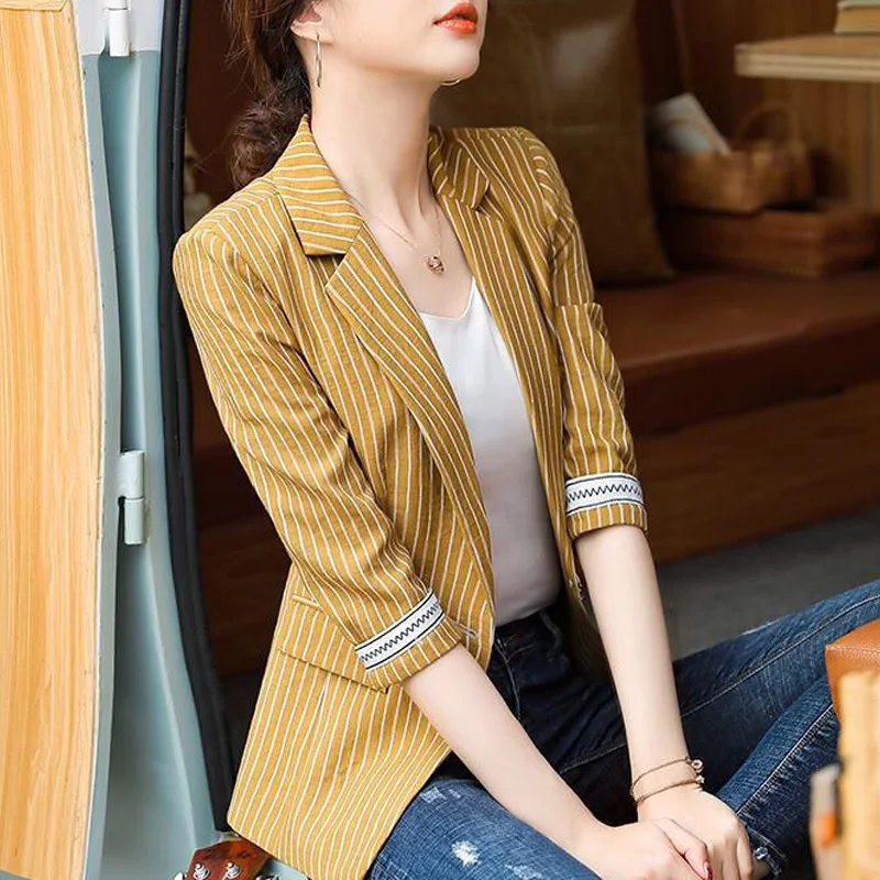 Top Trends: 2023 New Spring And Autumn Fashion Temperament Commuter Simple Stripe Slim Fit Korean Casual Medium Sleeved Women&#039;s Suit Jacket Shoppable Styles