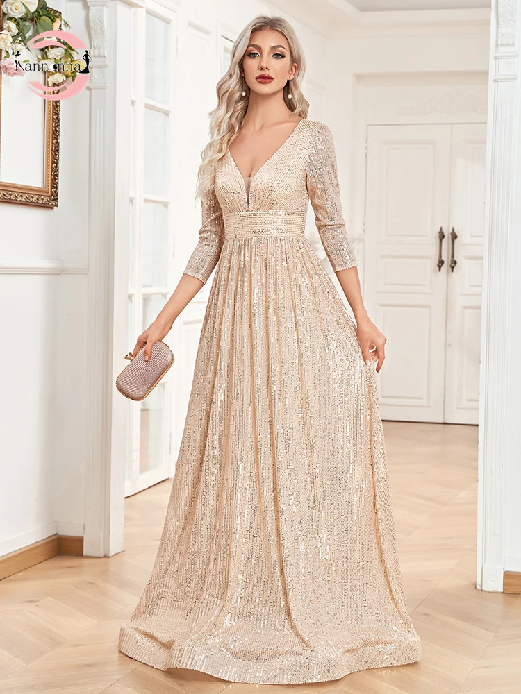 Top Trends: Fannonnaf Modest Champagne Banquet Evening Dress A Line Elegant Wedding Party Prom Dresses Gown Sparkly Sequin Floor-Length Chic Shoppable Styles