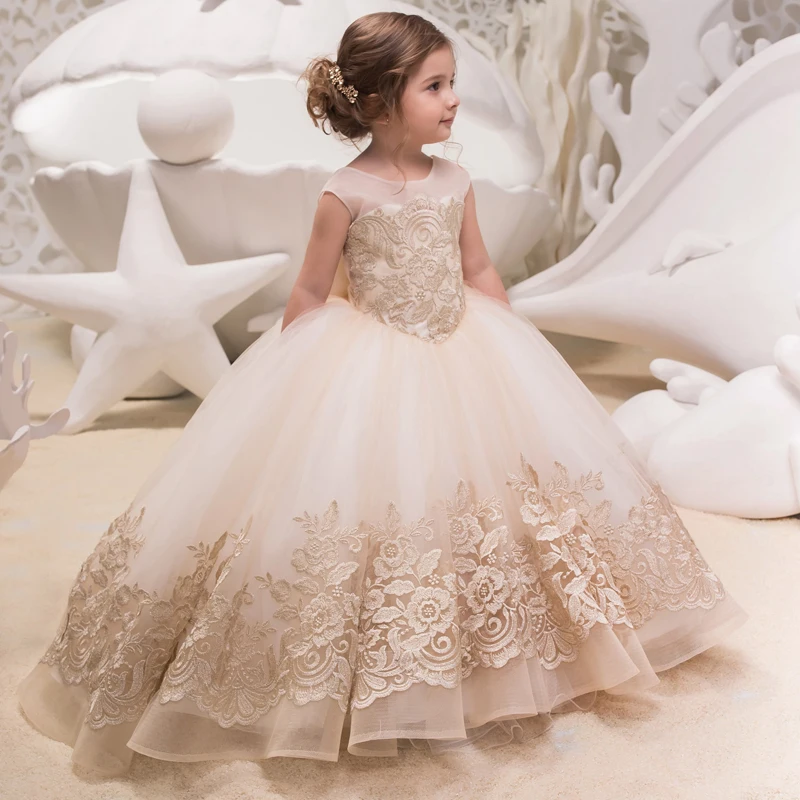 Top Trends: Champagne Flower Girl Dresses Applique First Community Party Prom Process Gown Bridesmaid Wedding With Train Formal Girl Dress Shoppable Styles