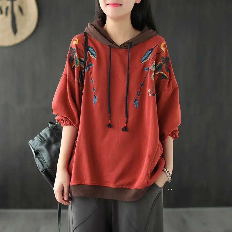 Top Trends: 2023 Spring And Autumn Fashion Retro Art Embroidery Ethnic Style Hooded Loose Relaxed Oversize Pullover Contrast Women's Sweater Shoppable Styles - Image 2