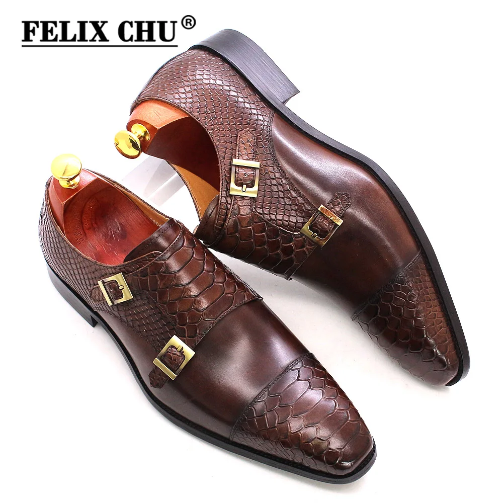 Top Trends: Size 6 To 13 Mens Dress Shoes Genuine Leather Double Buckle Monk Strap Men Shoes Snake Print Cap Toe Classic Italian Shoes Shoppable Styles