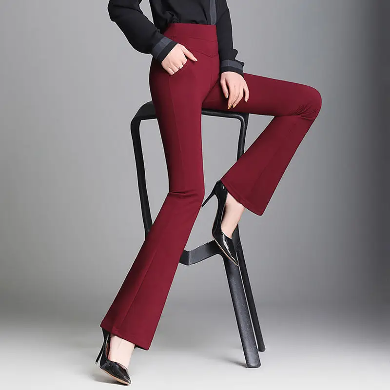 Top Trends: Leisure Comfortable Slim Flare Pants High Strecth Elastic Waist Pocket Decoration Ankle-length Pants Burgundy And Black Colour Shoppable Styles