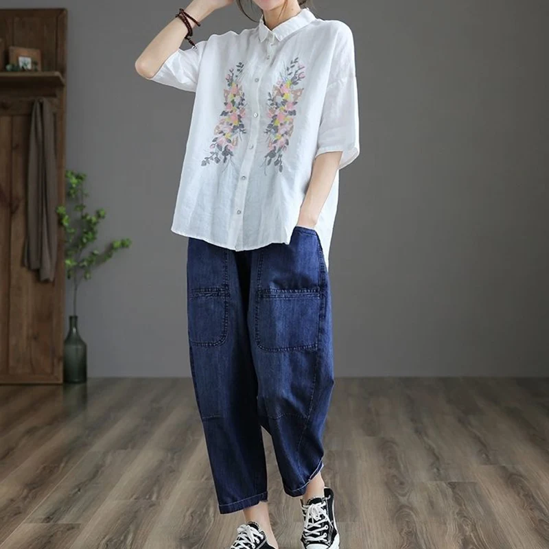 Top Trends: Summer Ethnic Vintage Style Embroidery Cotton Linen Loose Casual Shirt Women Short Sleeve Oversized Comfortable Blouse Clothing Shoppable Styles - Image 5