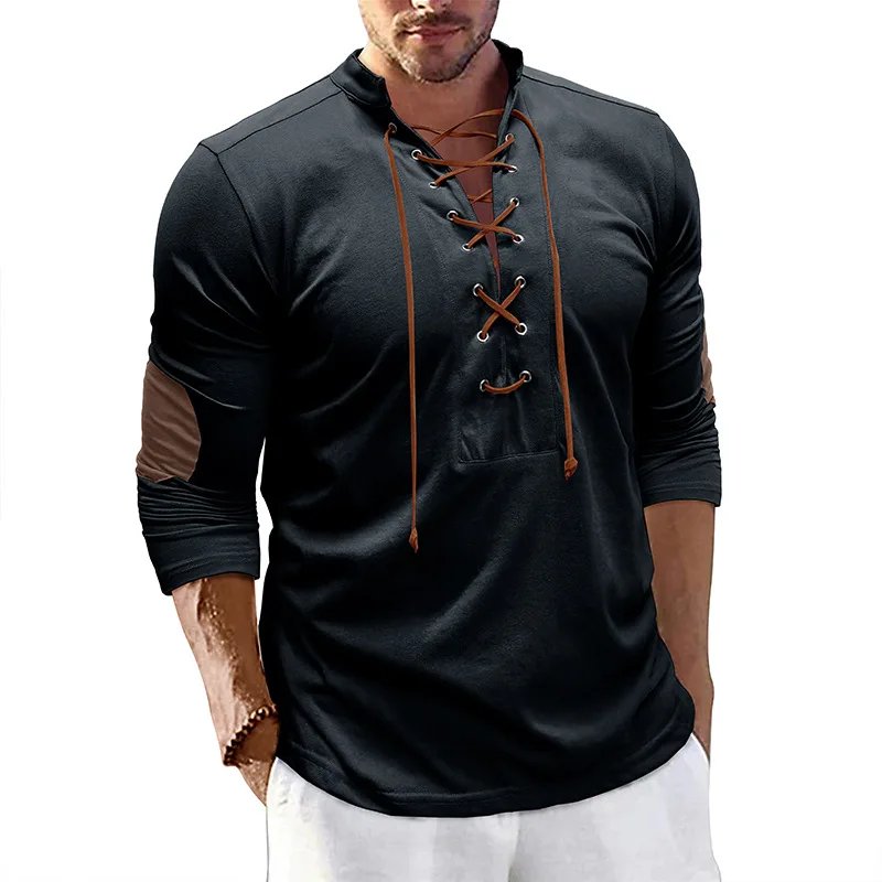 Top Trends: Men's Cotton Linen Henley Shirt Muscle Lace Up Long Sleeve Stand Collar Big And Tall Tshirts Casual Pullover Henley Tee Top Shoppable Styles