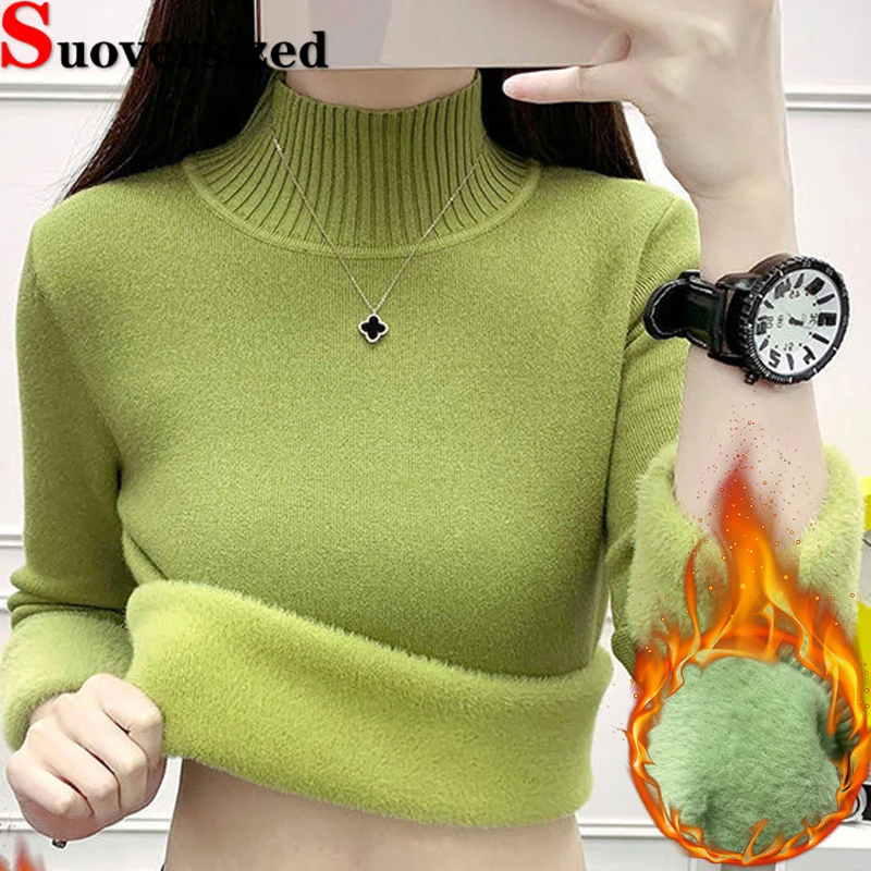 Top Trends: Half Turtleneck Winter Slim Sweater Plush Velvet Lined Malhas Tops Thicken Warm Basic Knitted Sueter Casual Womens Soft Pullover Shoppable Styles