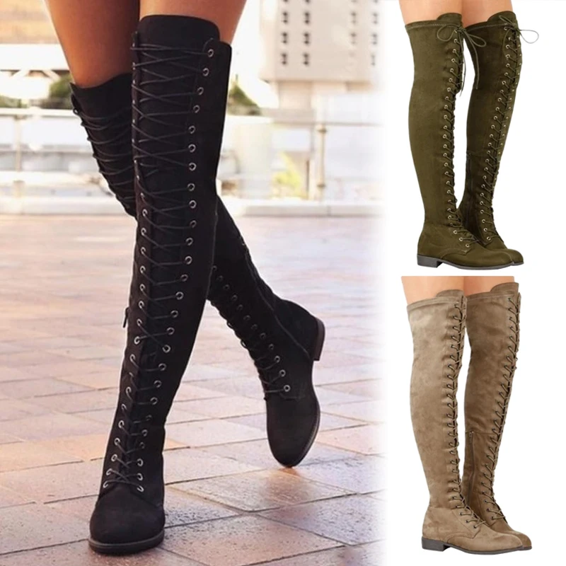 Top Trends: Fashion Women Cross Strap Suede Leather Boots Autumn Winter Knee High Boots Lady Thick Sole Platform Boots Over The Knee Boots Shoppable Styles