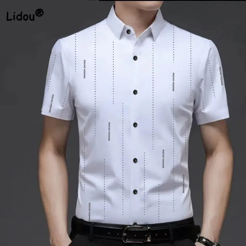 Top Trends: Business Office Casual Short Sleeve Printed Shirt For Men 2023 Summer Male Clothes All-match Single-breasted Polo-Neck Shirt Shoppable Styles